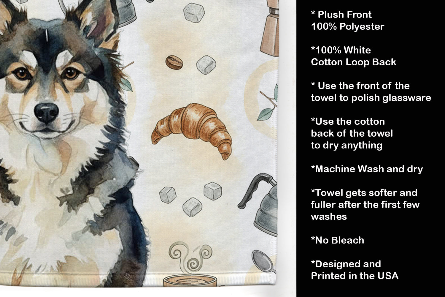 Finnish Lapphund Coffee Bar Kitchen Towel Velour Plush Front and Cotton Loop Back Machine Washable