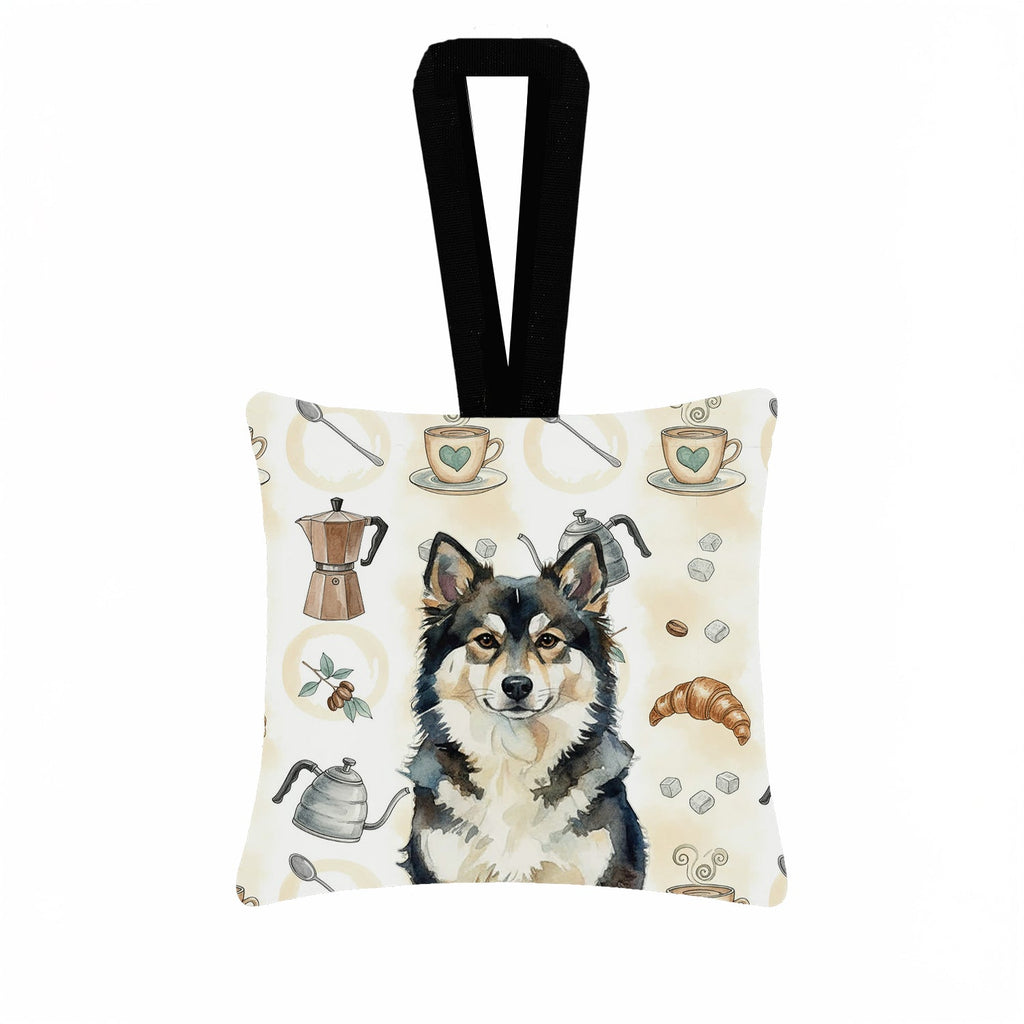 Finnish Lapphund Coffee Bar Hanging Square Fabric Ornament 3.5 � 3.5 Decorative Door-Knob & Tree Hanger, Soft Fabric