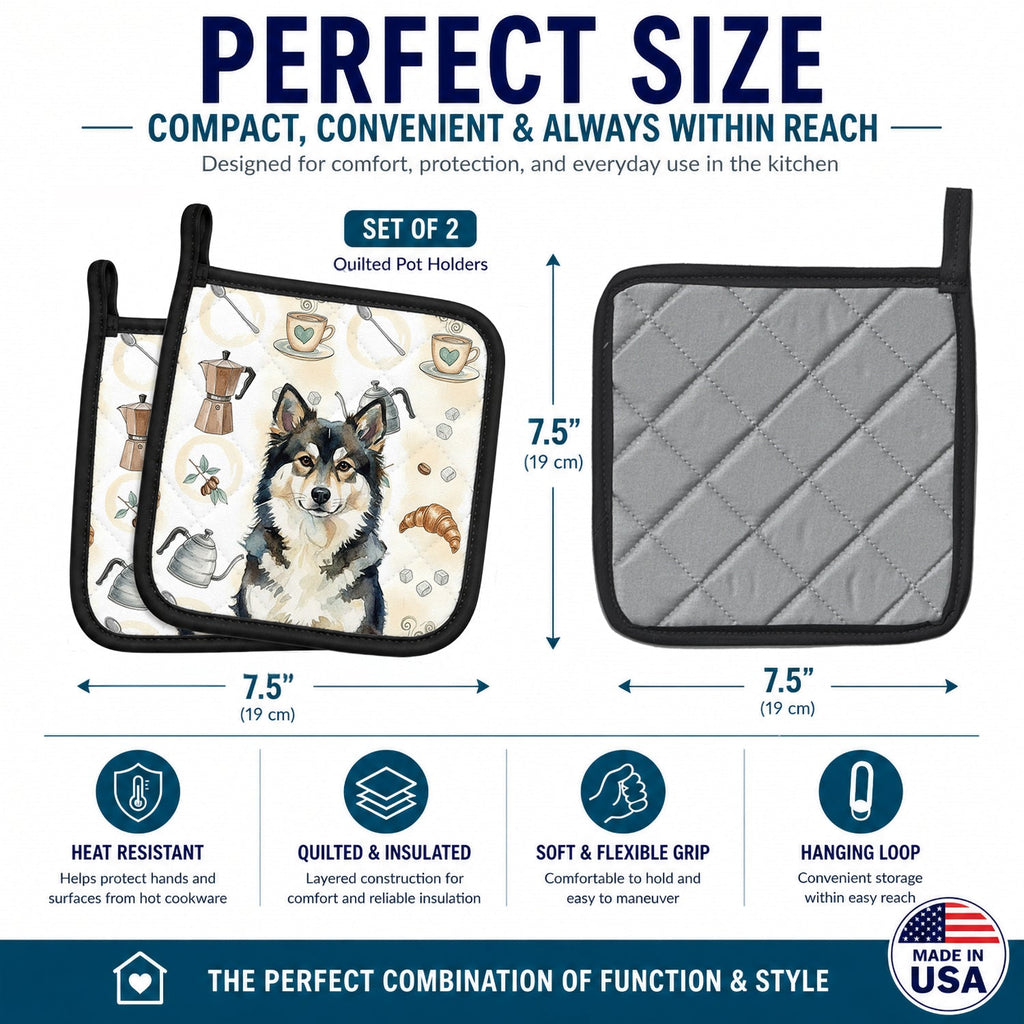 Finnish Lapphund Coffee Bar Pot Holder Set of 2 Heat Resistant Quilted Hot Pads 7.5 x 7.5 Inch, Insulated Kitchen Trivets for Cooking & Baking