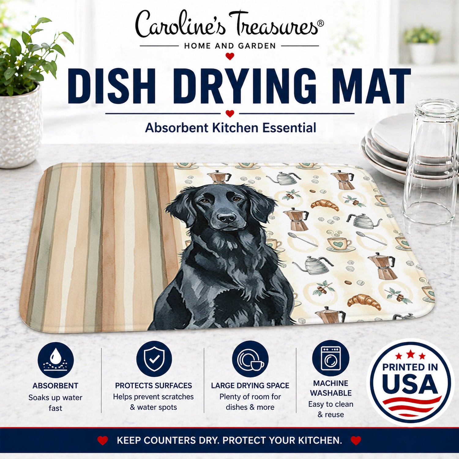 Black Flat-Coated Retriever Coffee Bar Dish Drying Mat Absorbent Dish Drying Mat Pad for Kitchen Counter Dish Drainer Mat for Countertop, 14 x 21", Multicolor