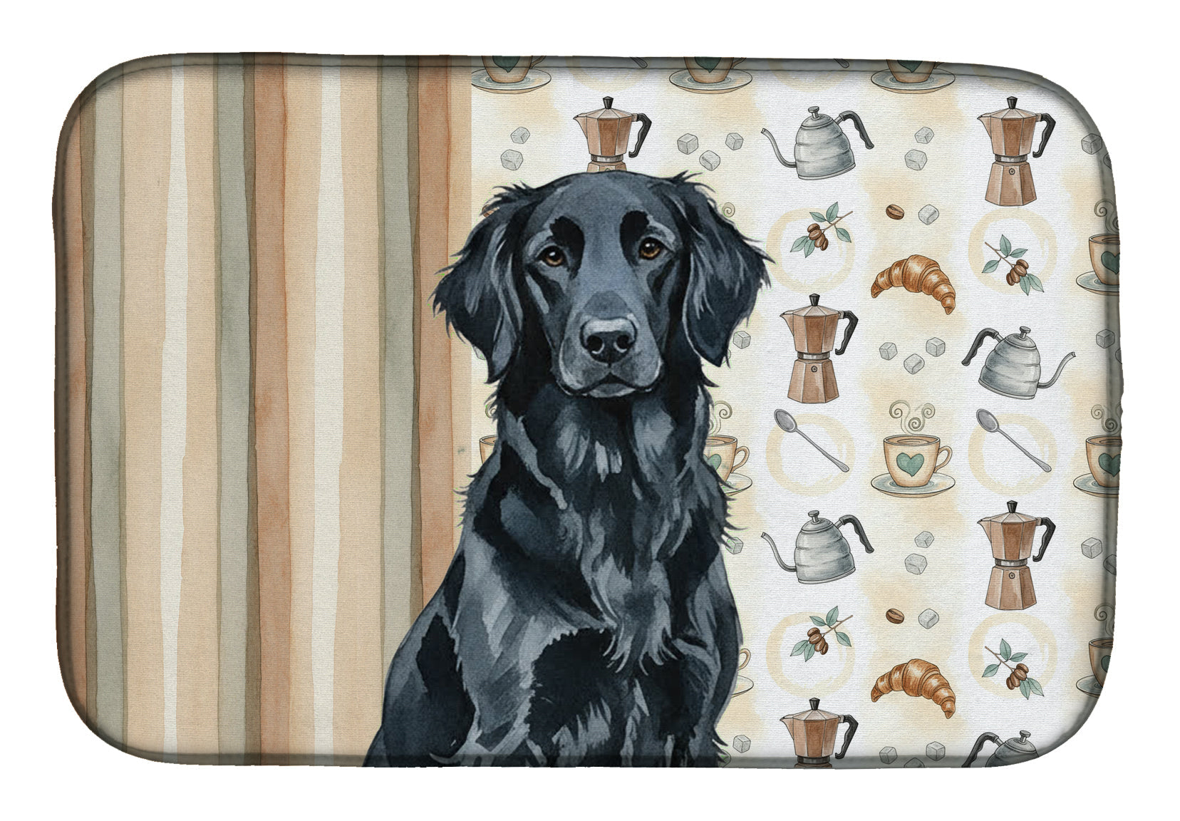 Black Flat-Coated Retriever Coffee Bar Dish Drying Mat Absorbent Dish Drying Mat Pad for Kitchen Counter Dish Drainer Mat for Countertop, 14 x 21", Multicolor