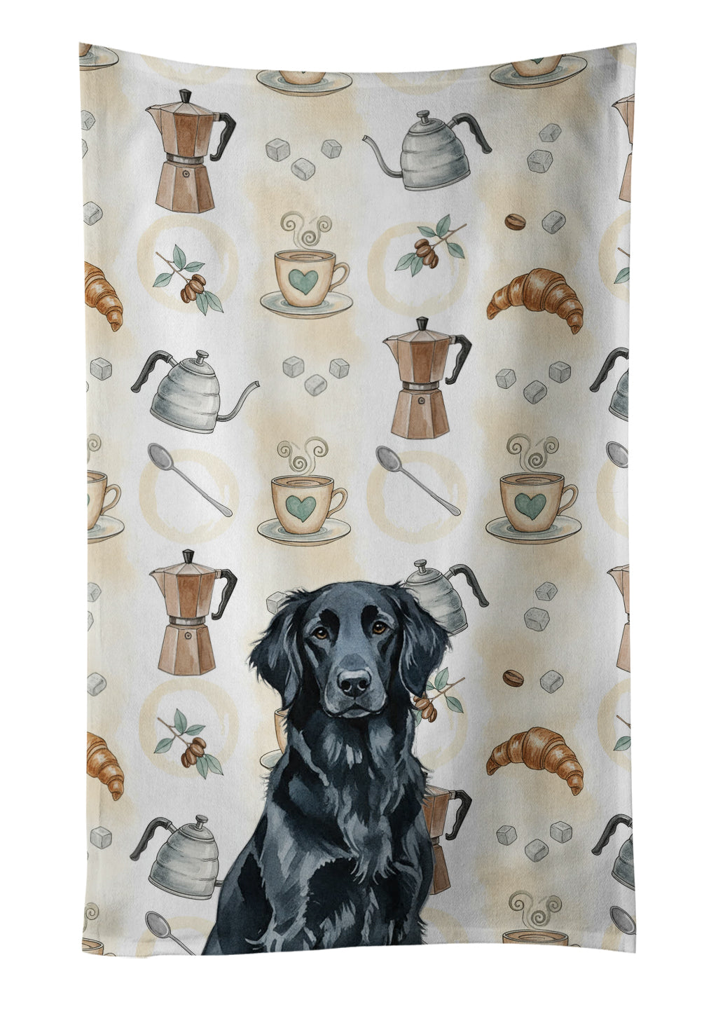 Black Flat-Coated Retriever Coffee Bar Kitchen Towel Velour Plush Front and Cotton Loop Back Machine Washable