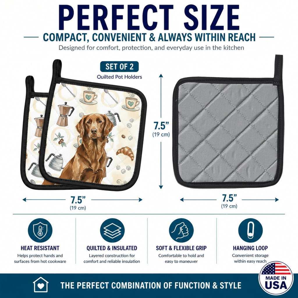 Liver Flat-Coated Retriever Coffee Bar Pot Holder Set of 2 Heat Resistant Quilted Hot Pads 7.5 x 7.5 Inch, Insulated Kitchen Trivets for Cooking & Baking