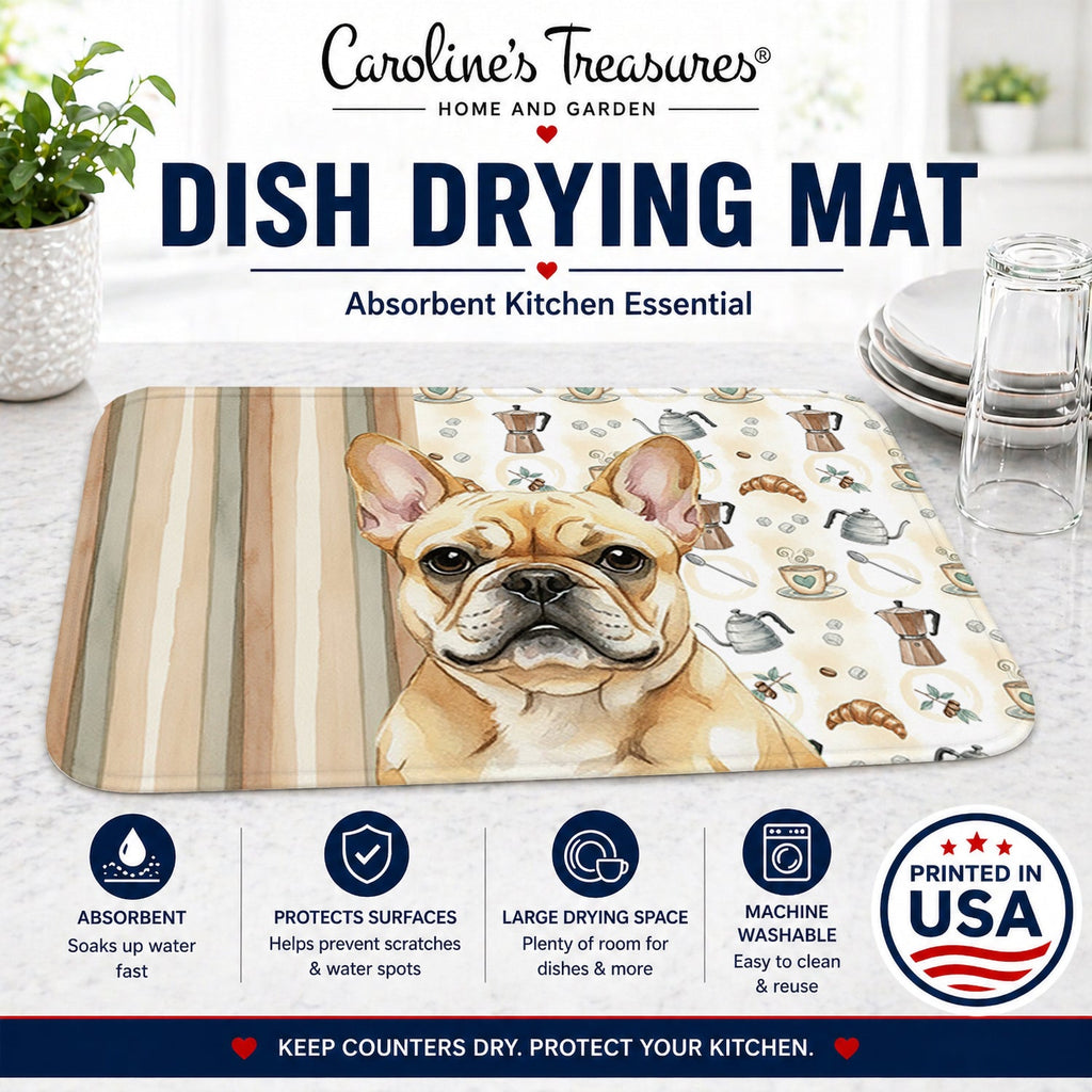 Fawn French Bulldog Coffee Bar Dish Drying Mat Absorbent Dish Drying Mat Pad for Kitchen Counter Dish Drainer Mat for Countertop, 14 x 21", Multicolor