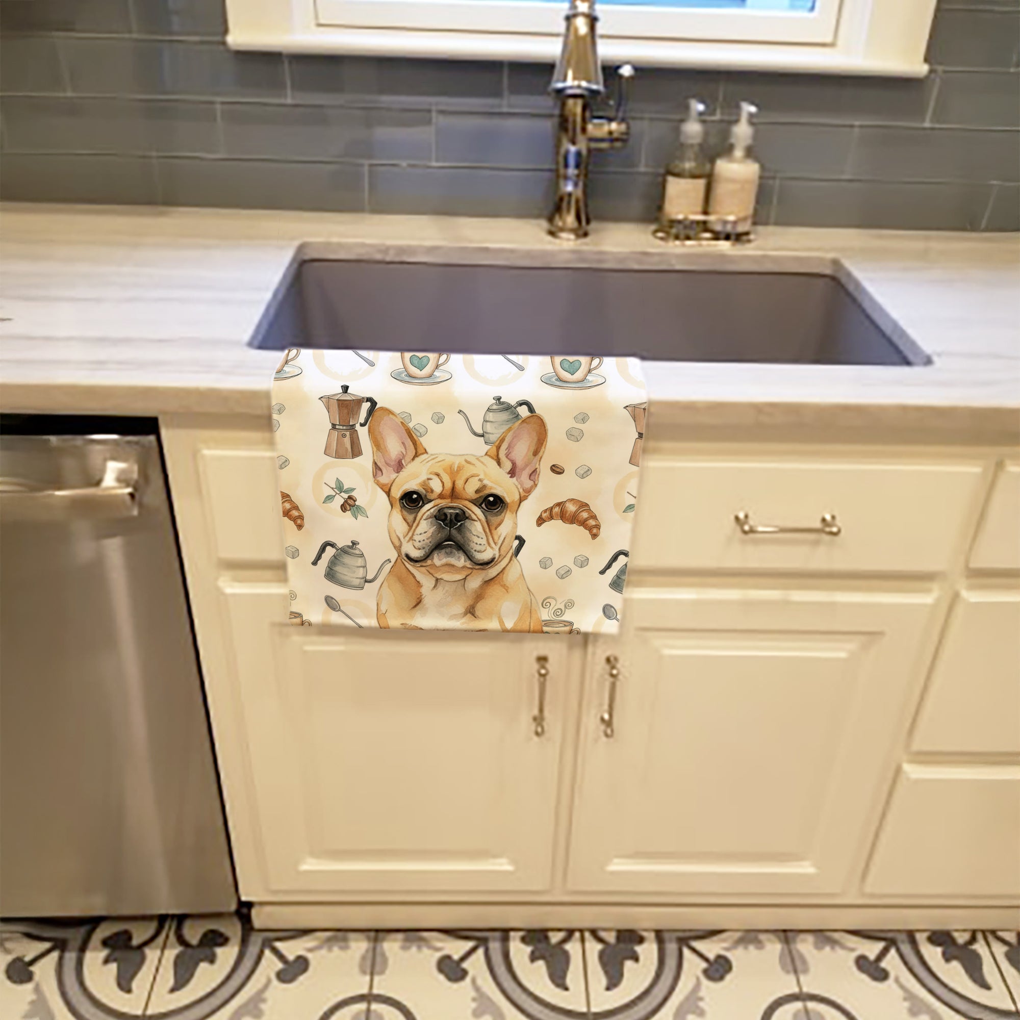 Fawn French Bulldog Coffee Bar Kitchen Towel Velour Plush Front and Cotton Loop Back Machine Washable