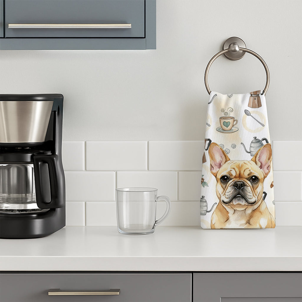 Fawn French Bulldog Coffee Bar Kitchen Towel Velour Plush Front and Cotton Loop Back Machine Washable