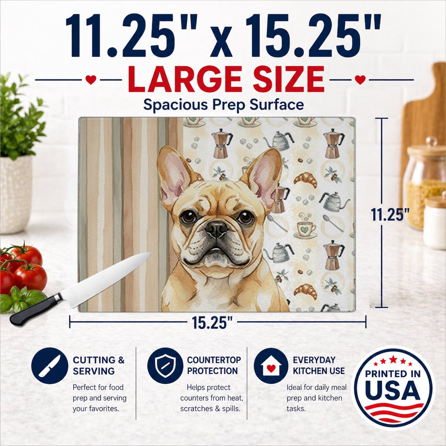 Fawn French Bulldog Coffee Bar Cutting Board Tempered Glass Kitchen Cutting Surface, Heat Resistant Chopping, Non-Slip Feet, Food Prep & Serving