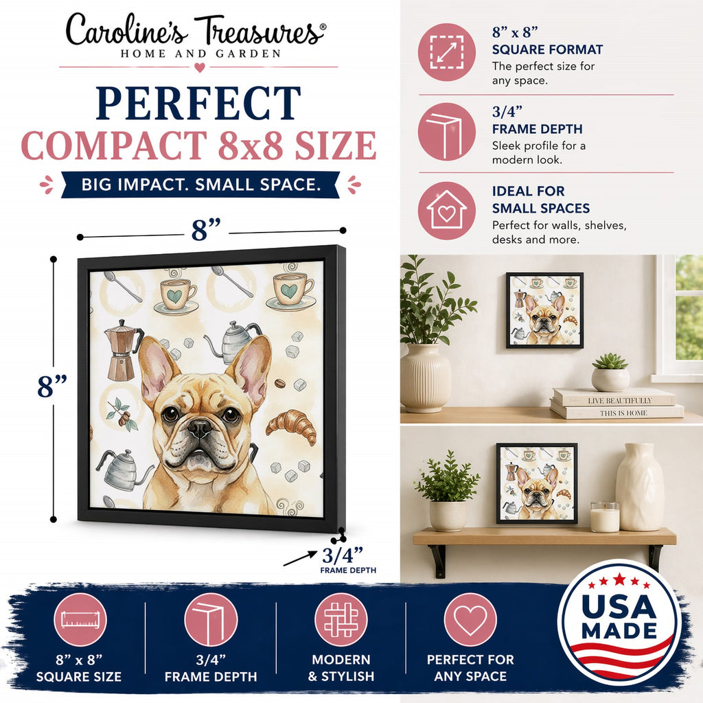 Fawn French Bulldog Coffee Bar Framed Metal Print Bathroom, Kitchen, Office, Home Decor Wall Art Ready to Hang, Square, 8X8