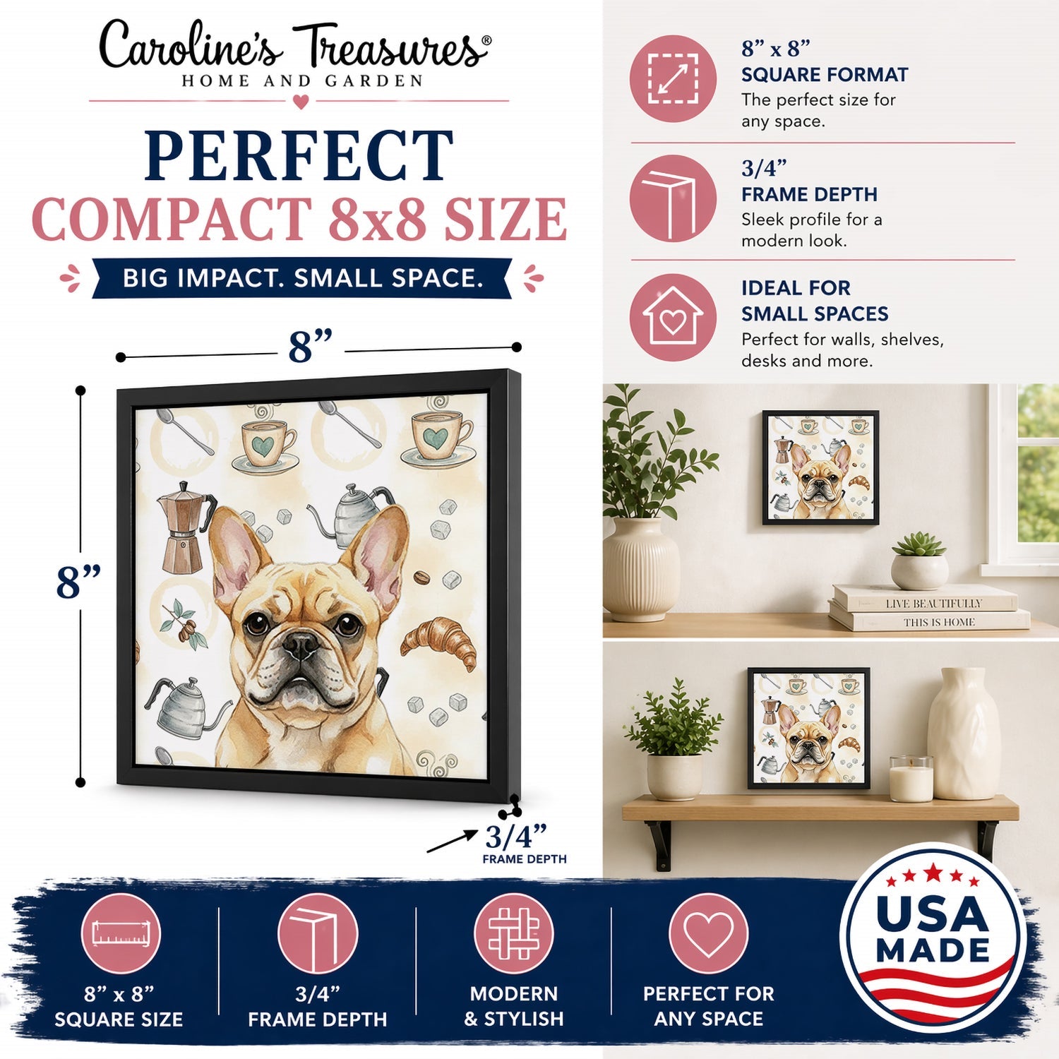 Fawn French Bulldog Coffee Bar Framed Metal Print Bathroom, Kitchen, Office, Home Decor Wall Art Ready to Hang, Square, 8X8