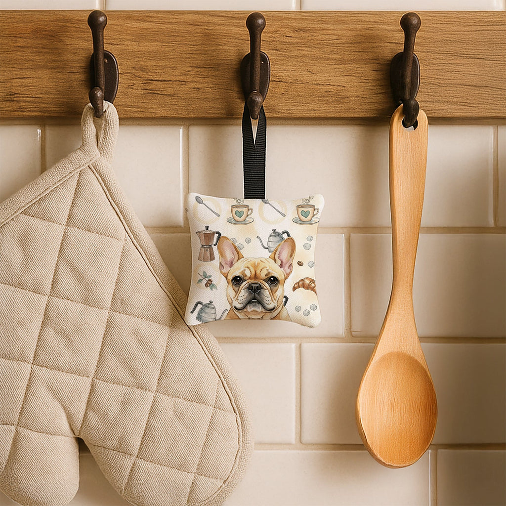 Fawn French Bulldog Coffee Bar Hanging Square Fabric Ornament 3.5 � 3.5 Decorative Door-Knob & Tree Hanger, Soft Fabric