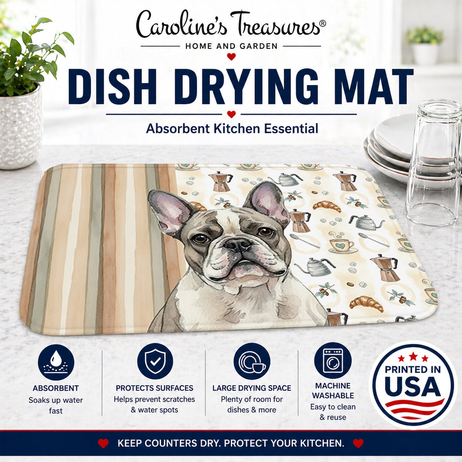 Pied French Bulldog Coffee Bar Dish Drying Mat Absorbent Dish Drying Mat Pad for Kitchen Counter Dish Drainer Mat for Countertop, 14 x 21", Multicolor