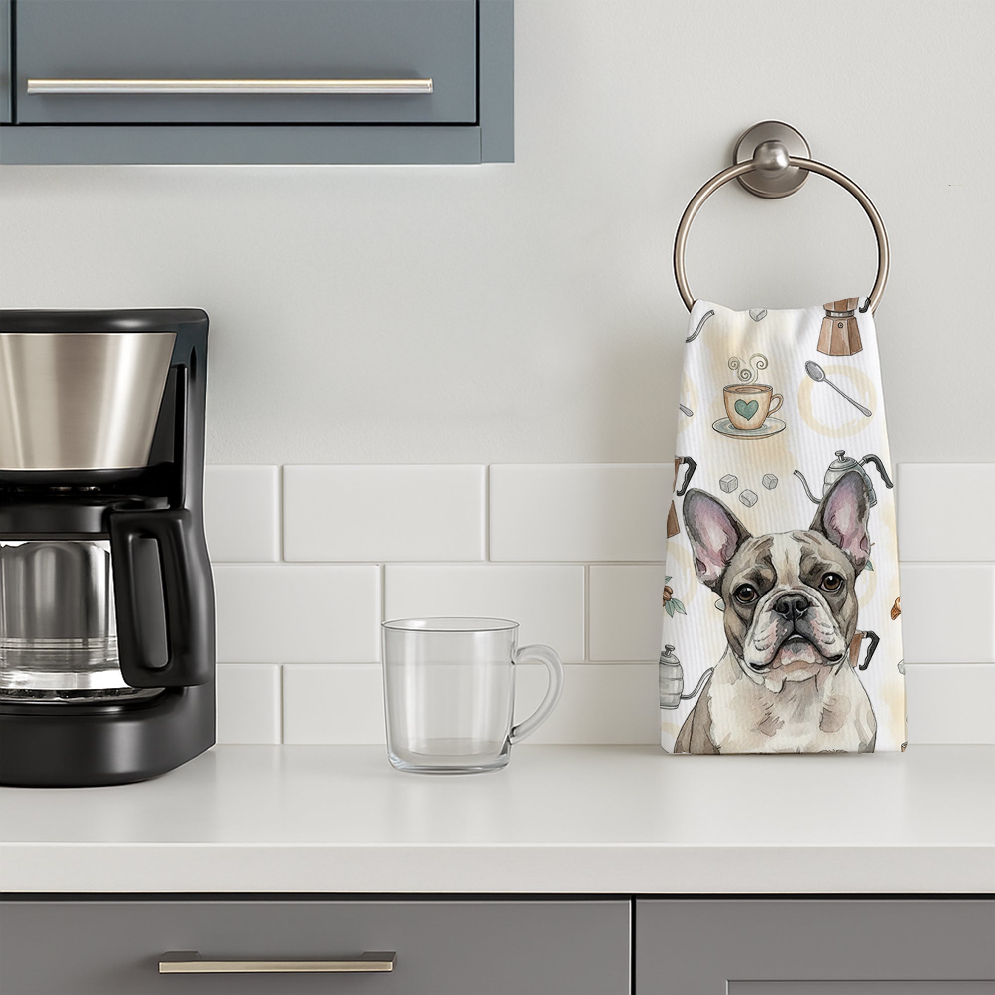 Pied French Bulldog Coffee Bar Kitchen Towel Velour Plush Front and Cotton Loop Back Machine Washable