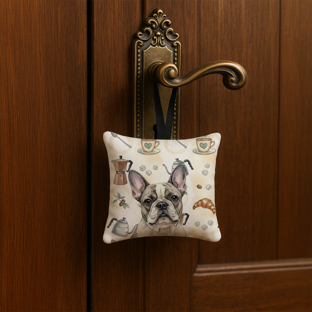 Pied French Bulldog Coffee Bar Hanging Square Fabric Ornament 3.5 � 3.5 Decorative Door-Knob & Tree Hanger, Soft Fabric