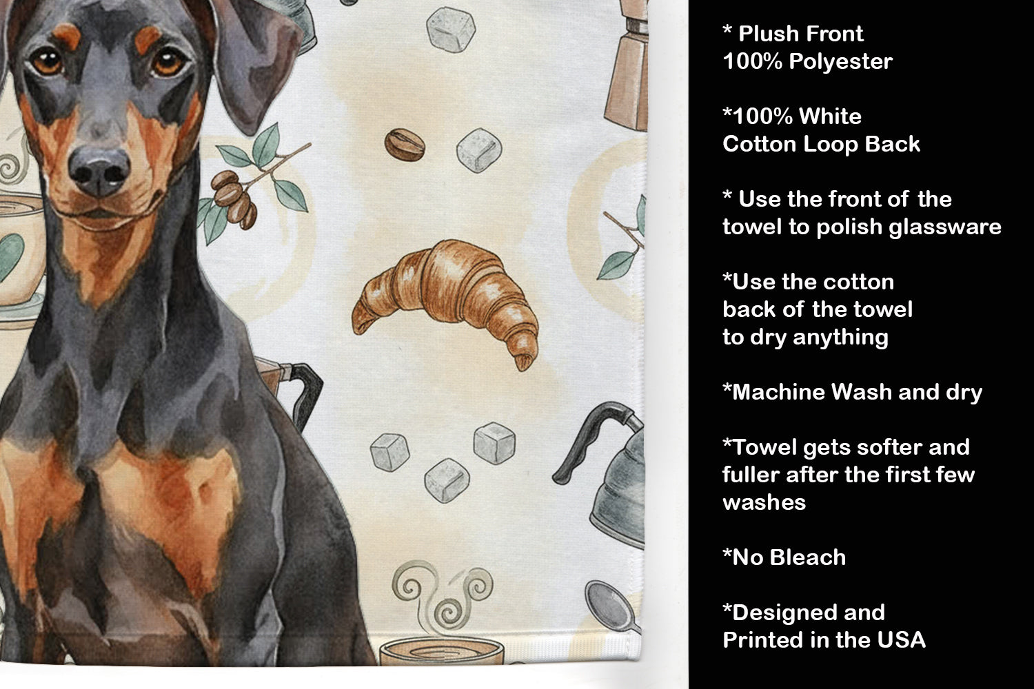 German Pinscher Coffee Bar Kitchen Towel Velour Plush Front and Cotton Loop Back Machine Washable