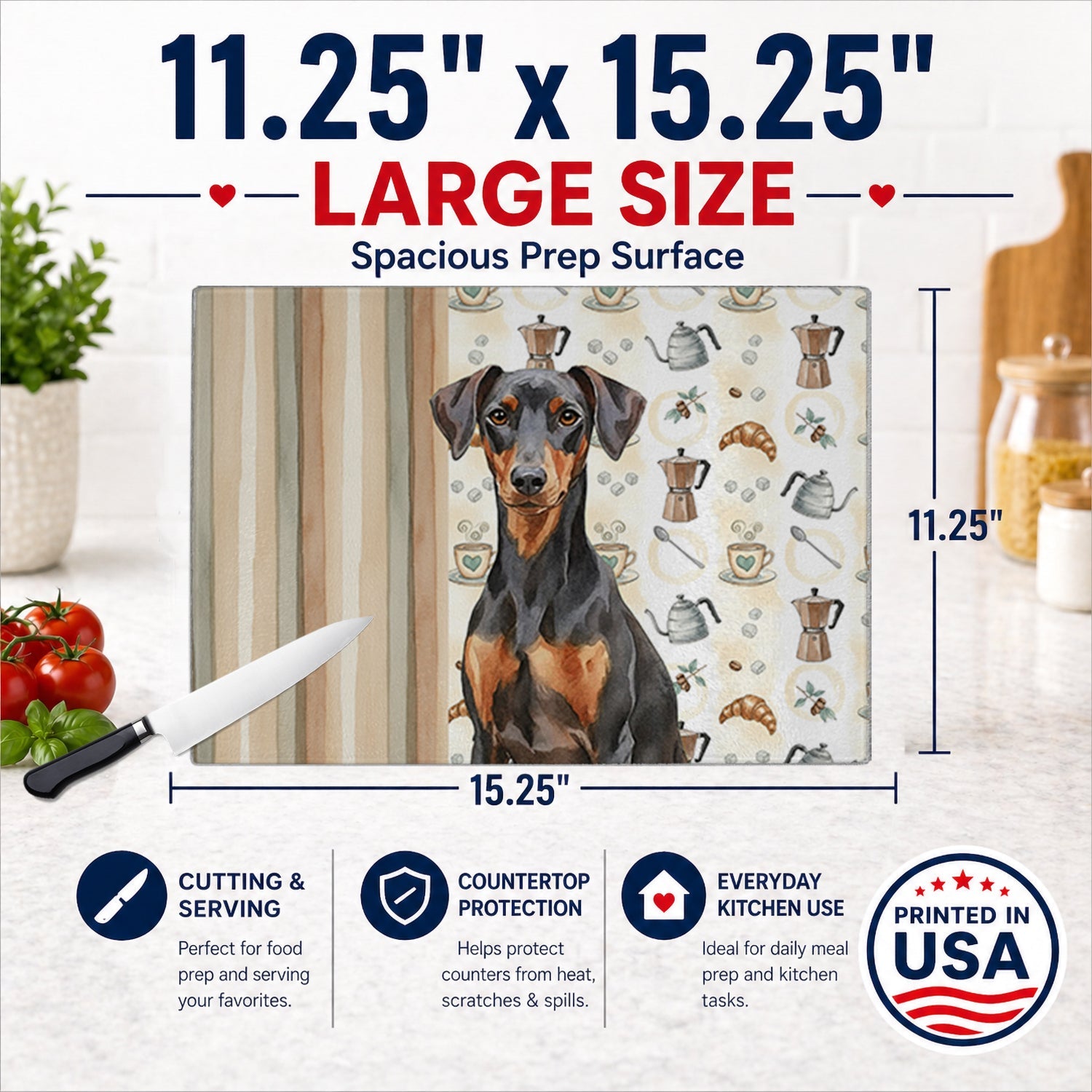 German Pinscher Coffee Bar Cutting Board Tempered Glass Kitchen Cutting Surface, Heat Resistant Chopping, Non-Slip Feet, Food Prep & Serving