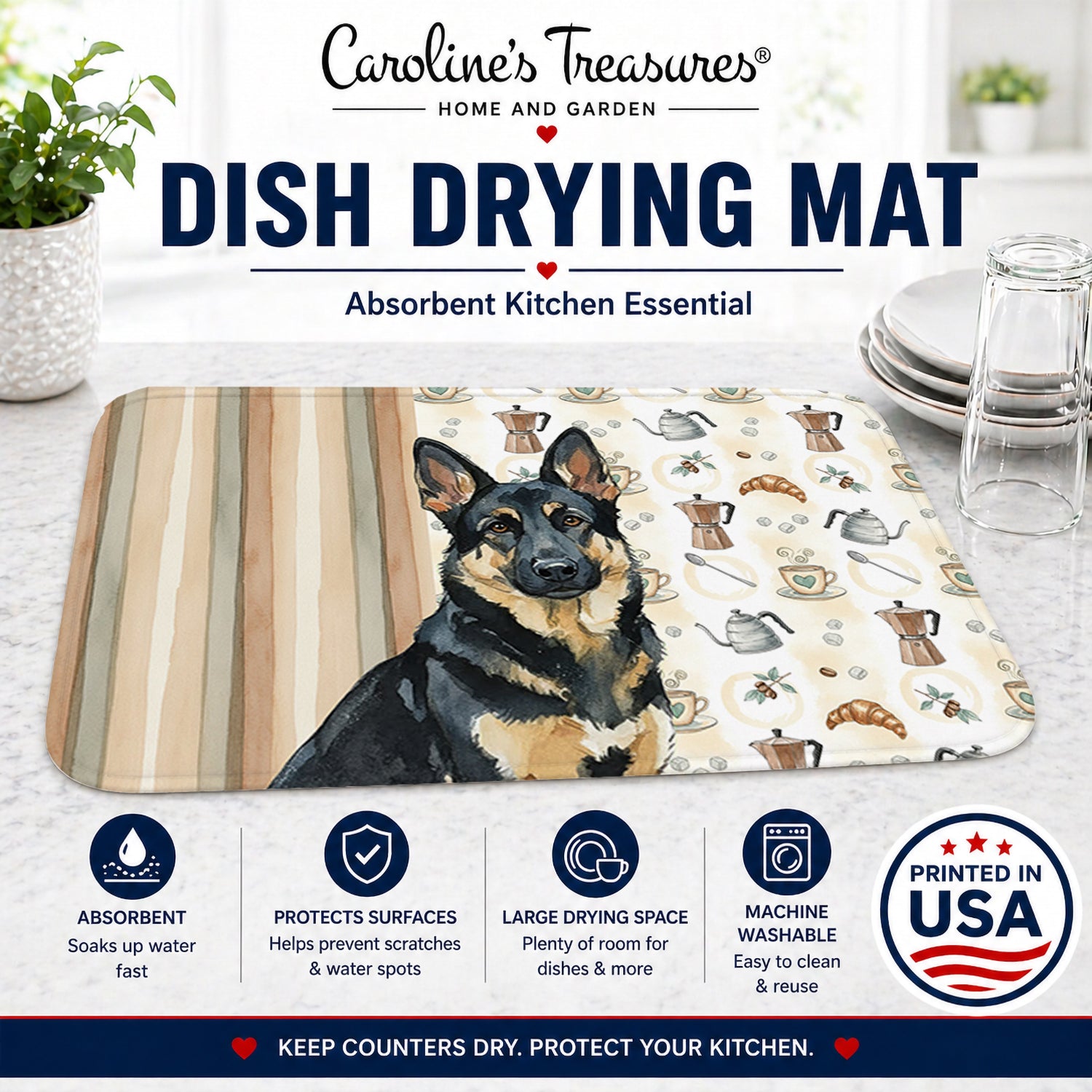 Black and Tan German Shepherd Coffee Bar Dish Drying Mat Absorbent Dish Drying Mat Pad for Kitchen Counter Dish Drainer Mat for Countertop, 14 x 21", Multicolor