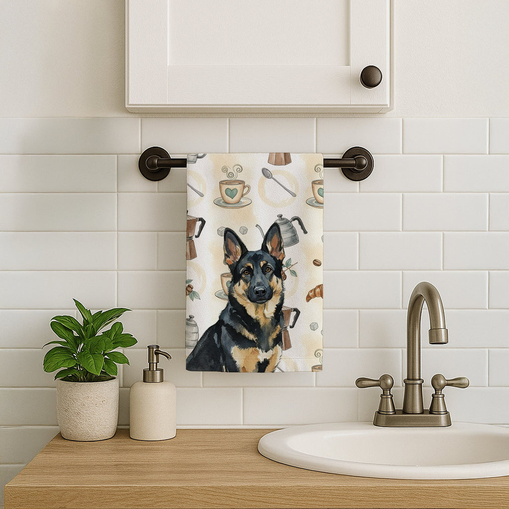 Black and Tan German Shepherd Coffee Bar Kitchen Towel Velour Plush Front and Cotton Loop Back Machine Washable