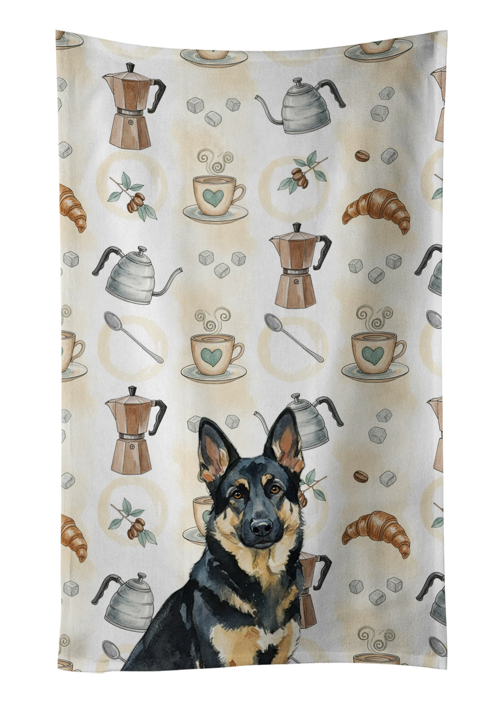 Black and Tan German Shepherd Coffee Bar Kitchen Towel Velour Plush Front and Cotton Loop Back Machine Washable