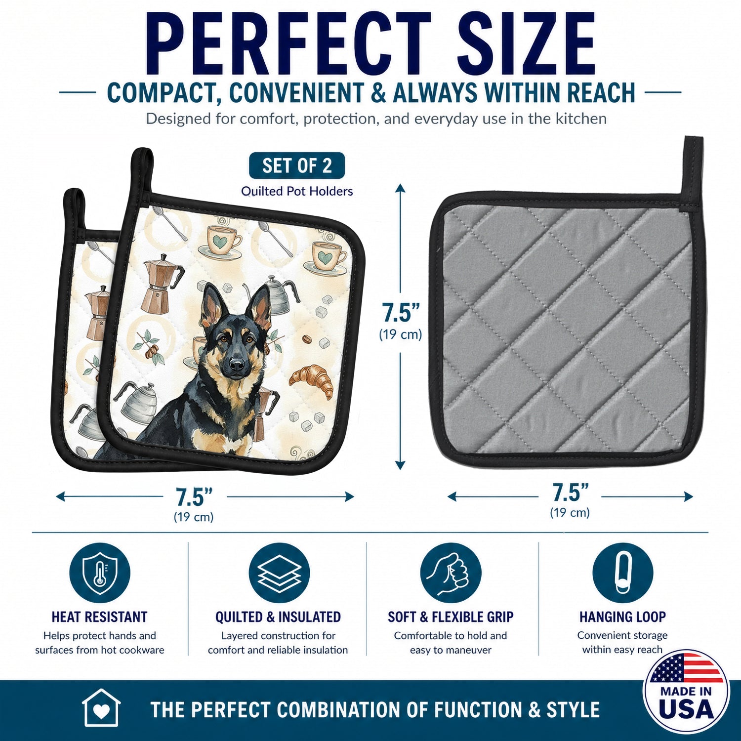 Black and Tan German Shepherd Coffee Bar Pot Holder Set of 2 Heat Resistant Quilted Hot Pads 7.5 x 7.5 Inch, Insulated Kitchen Trivets for Cooking & Baking