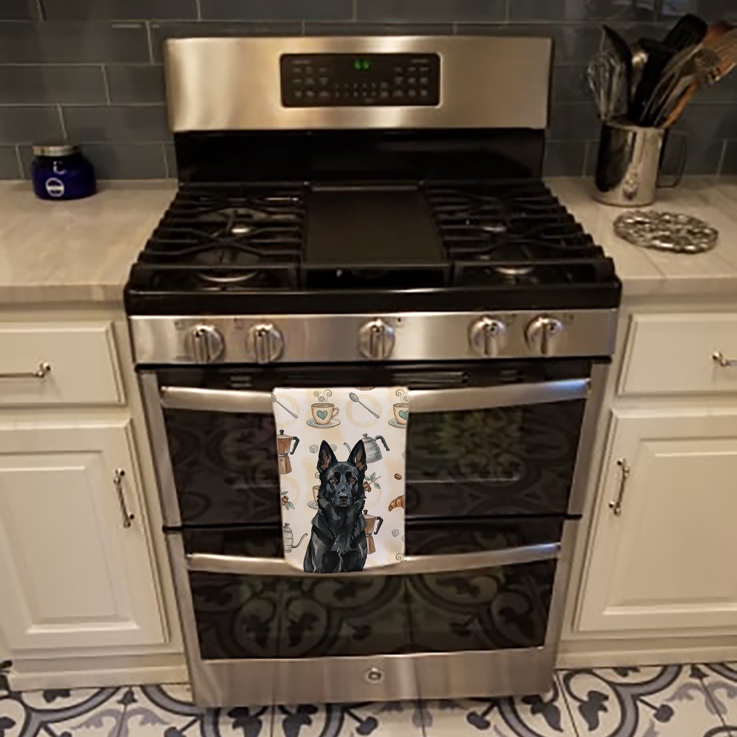 Black German Shepherd Coffee Bar Kitchen Towel Velour Plush Front and Cotton Loop Back Machine Washable