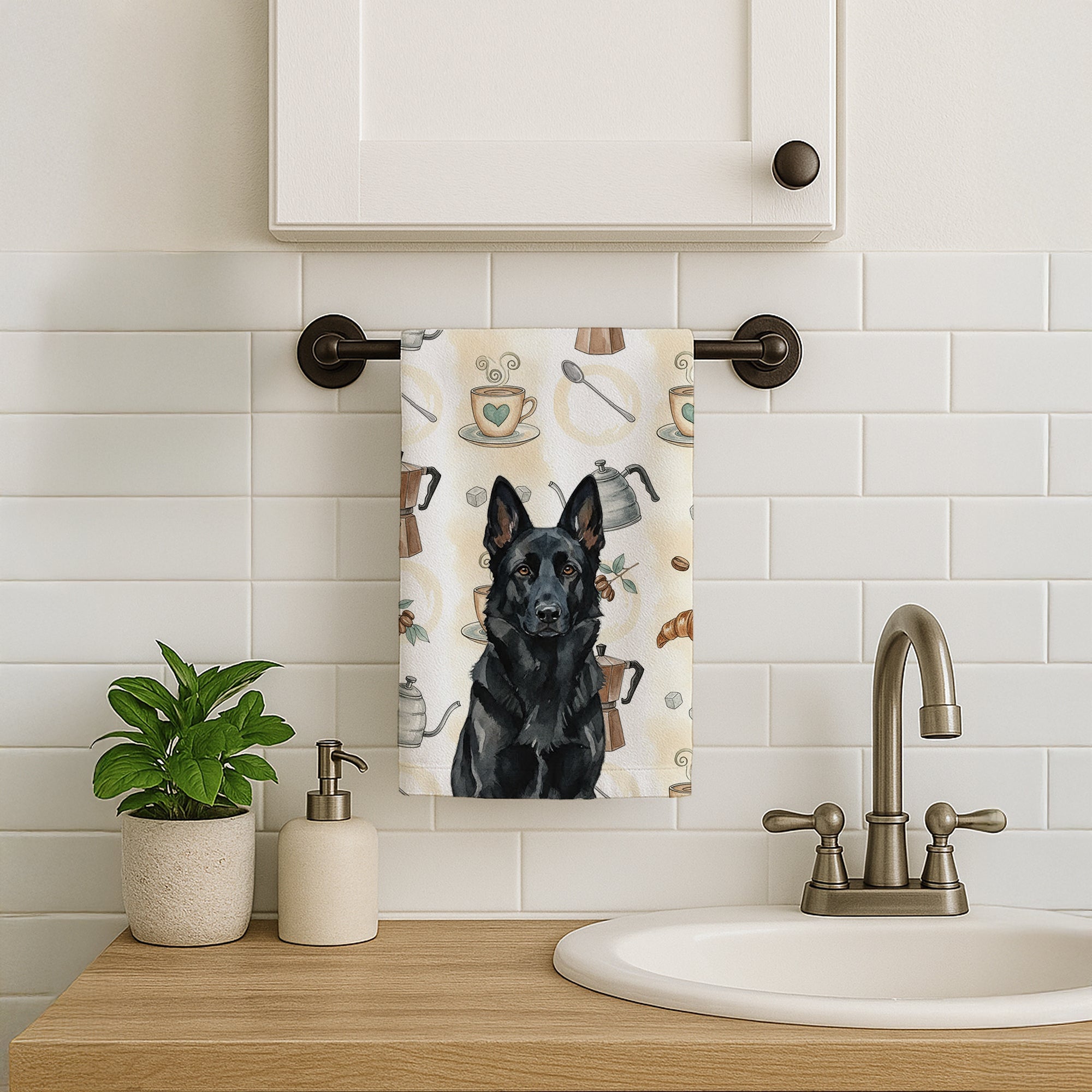 Black German Shepherd Coffee Bar Kitchen Towel Velour Plush Front and Cotton Loop Back Machine Washable