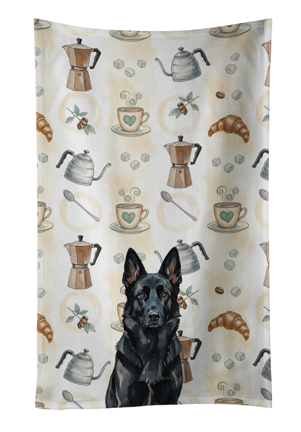 Black German Shepherd Coffee Bar Kitchen Towel Velour Plush Front and Cotton Loop Back Machine Washable