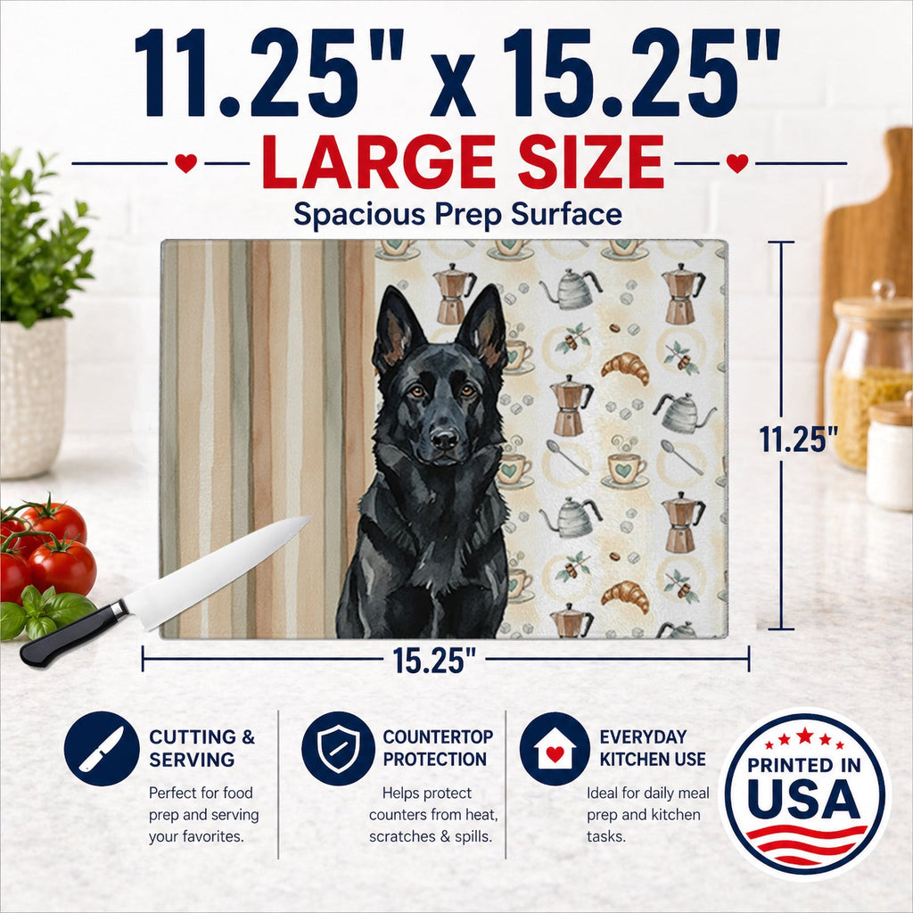 Black German Shepherd Coffee Bar Cutting Board Tempered Glass Kitchen Cutting Surface, Heat Resistant Chopping, Non-Slip Feet, Food Prep & Serving