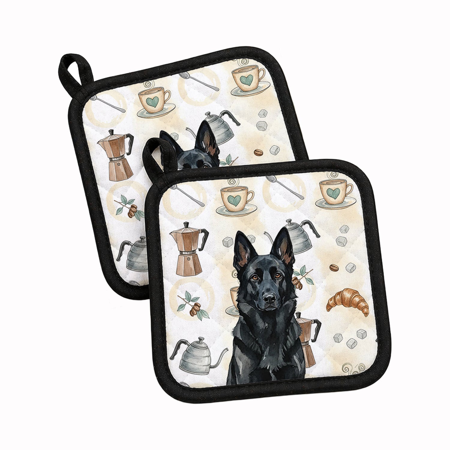 Black German Shepherd Coffee Bar Pot Holder Set of 2 Heat Resistant Quilted Hot Pads 7.5 x 7.5 Inch, Insulated Kitchen Trivets for Cooking & Baking