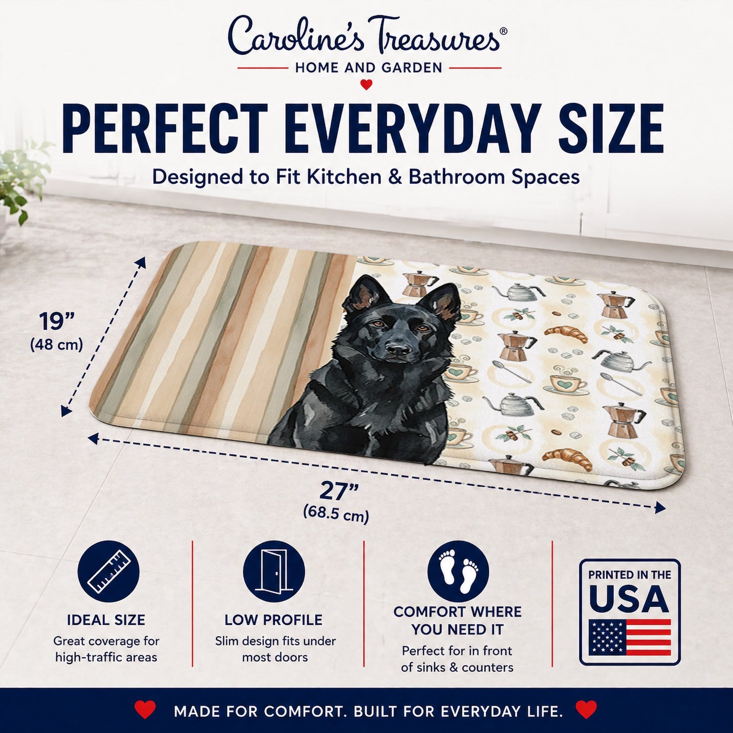 Black German Shepherd Coffee Bar Memory Foam Kitchen Mat Machine Washable Anti-Fatigue Cushion Comfort Bath or Kitchen Rug