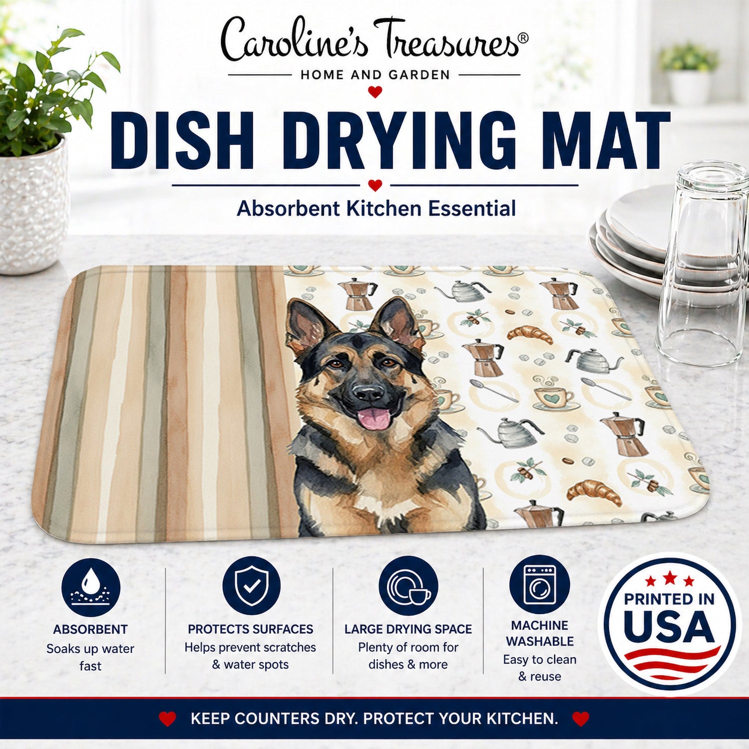 German Shepherd Coffee Bar Dish Drying Mat Absorbent Dish Drying Mat Pad for Kitchen Counter Dish Drainer Mat for Countertop, 14 x 21", Multicolor