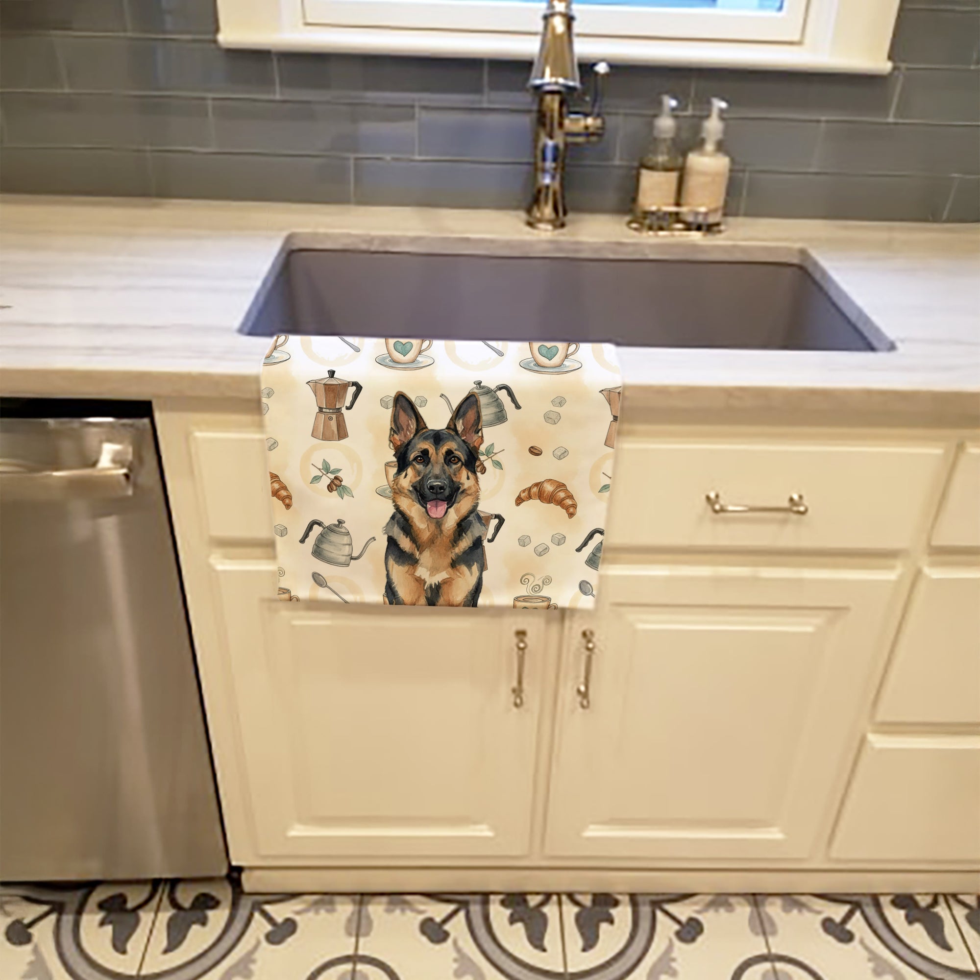 German Shepherd Coffee Bar Kitchen Towel Velour Plush Front and Cotton Loop Back Machine Washable