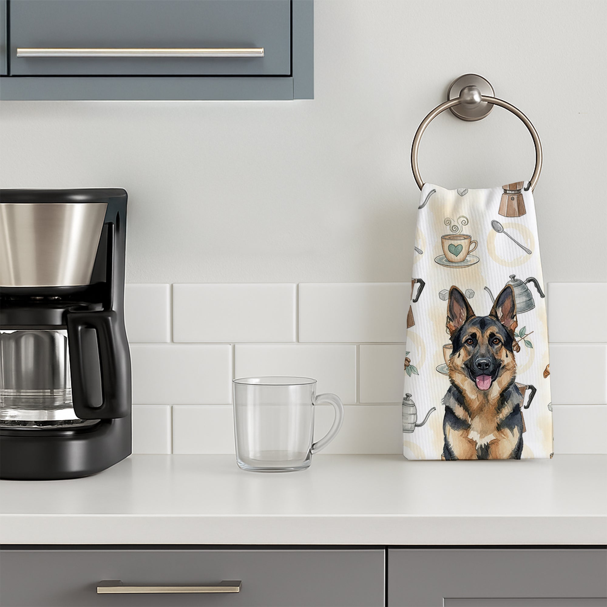 German Shepherd Coffee Bar Kitchen Towel Velour Plush Front and Cotton Loop Back Machine Washable