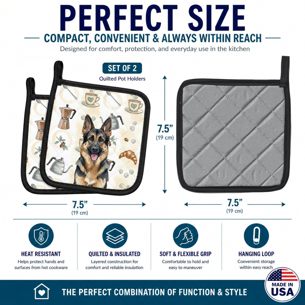 German Shepherd Coffee Bar Pot Holder Set of 2 Heat Resistant Quilted Hot Pads 7.5 x 7.5 Inch, Insulated Kitchen Trivets for Cooking & Baking