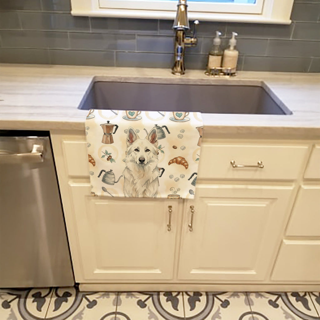 White German Shepherd Coffee Bar Kitchen Towel Velour Plush Front and Cotton Loop Back Machine Washable