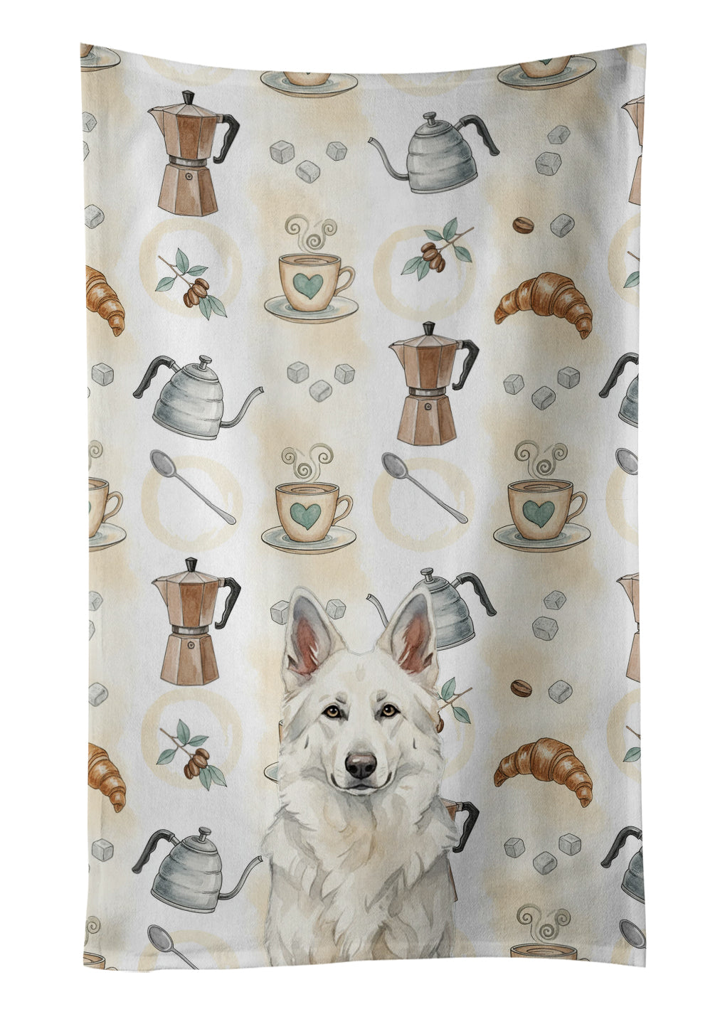 White German Shepherd Coffee Bar Kitchen Towel Velour Plush Front and Cotton Loop Back Machine Washable