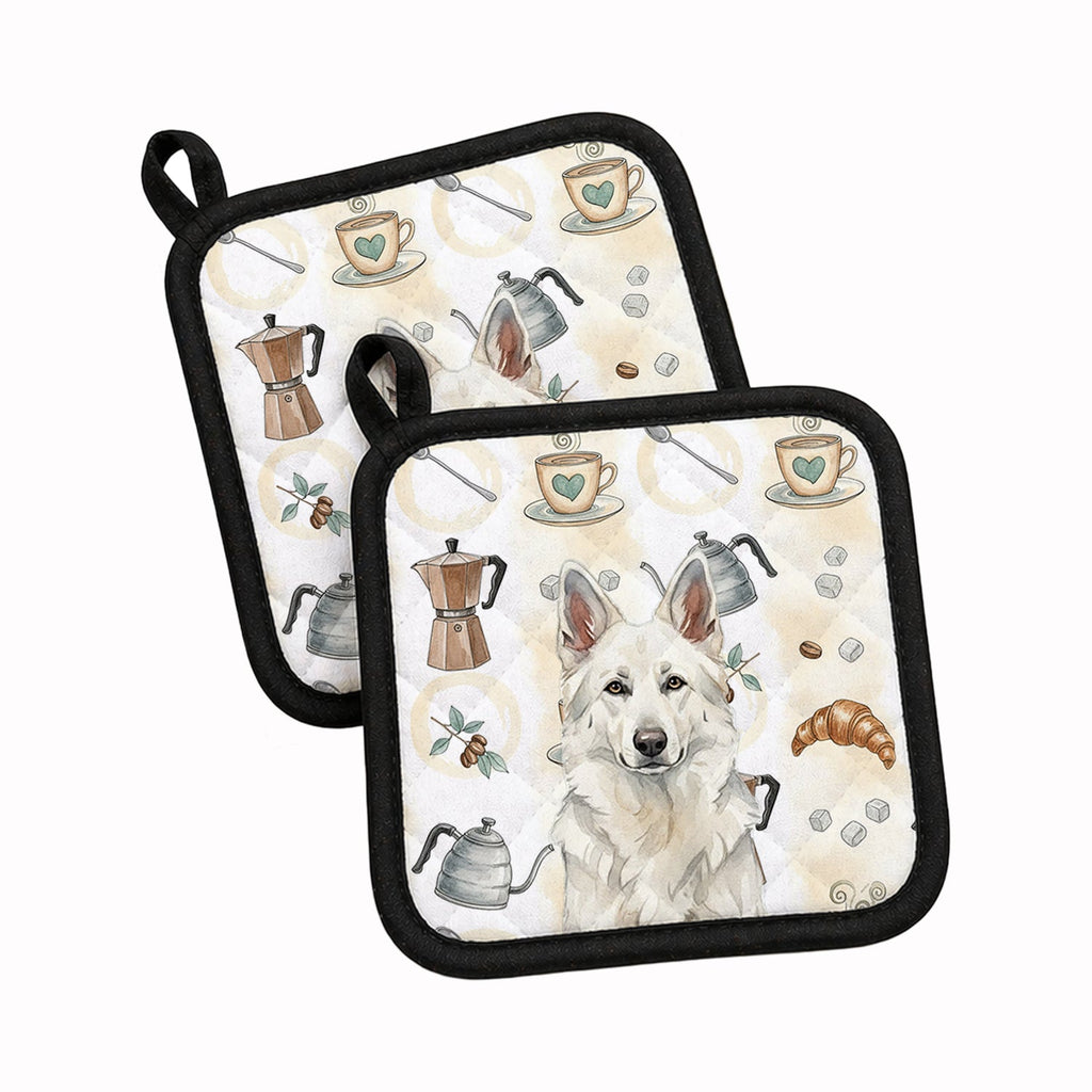 White German Shepherd Coffee Bar Pot Holder Set of 2 Heat Resistant Quilted Hot Pads 7.5 x 7.5 Inch, Insulated Kitchen Trivets for Cooking & Baking