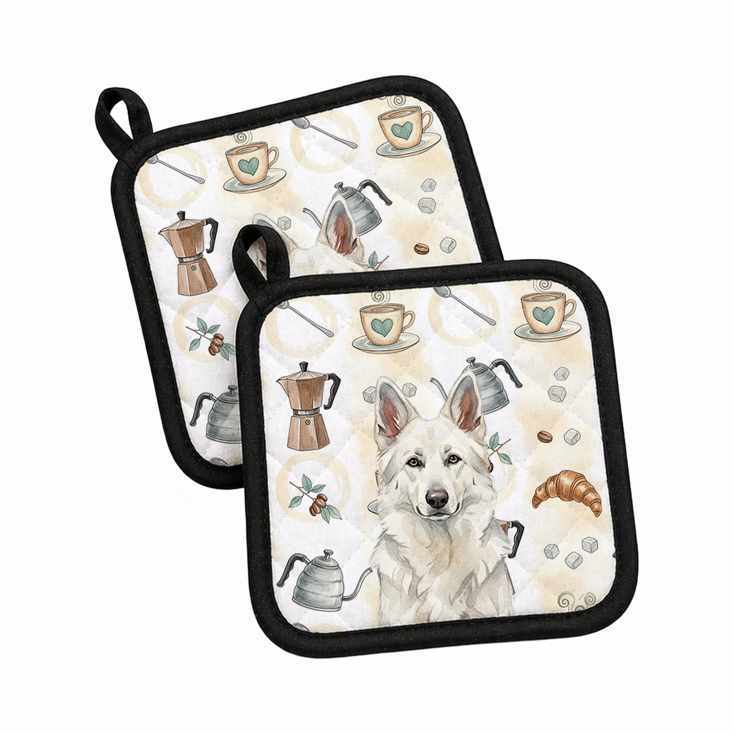 White German Shepherd Coffee Bar Pot Holder Set of 2 Heat Resistant Quilted Hot Pads 7.5 x 7.5 Inch, Insulated Kitchen Trivets for Cooking & Baking