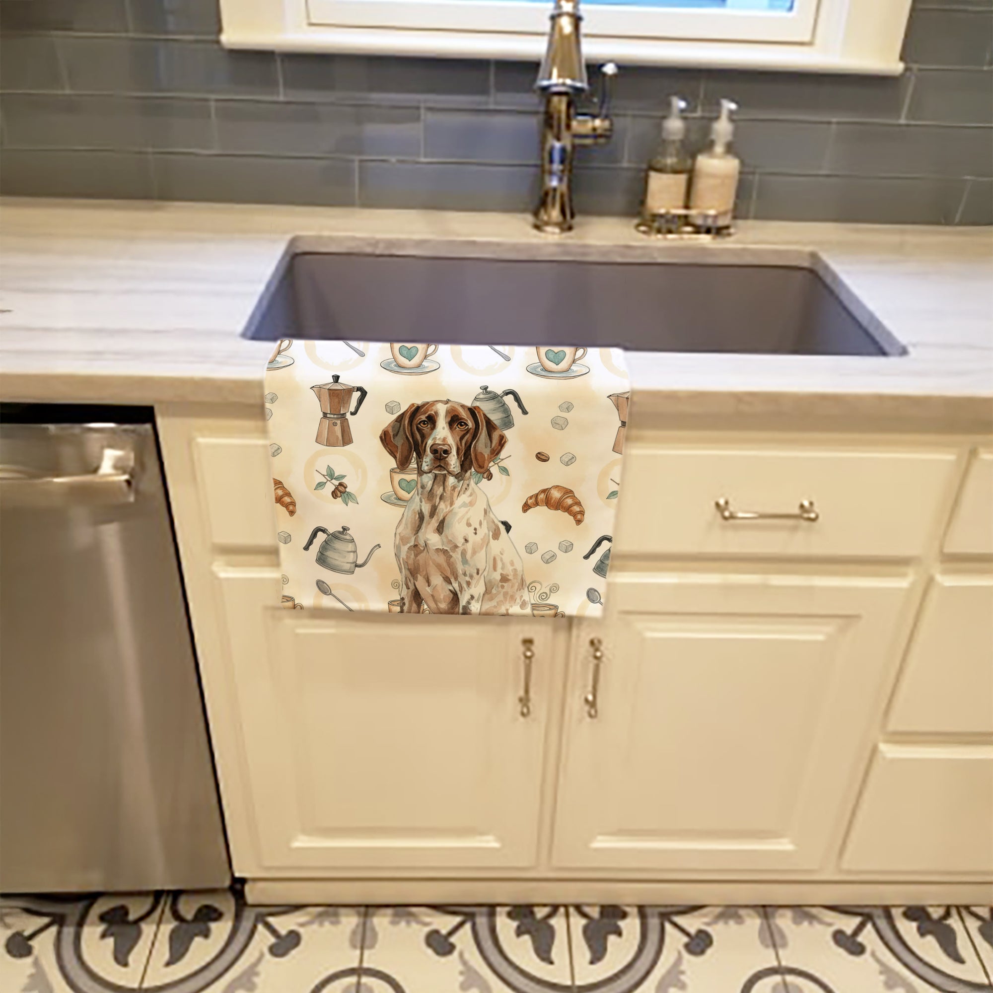 German Shorthaired Pointer Coffee Bar Kitchen Towel Velour Plush Front and Cotton Loop Back Machine Washable