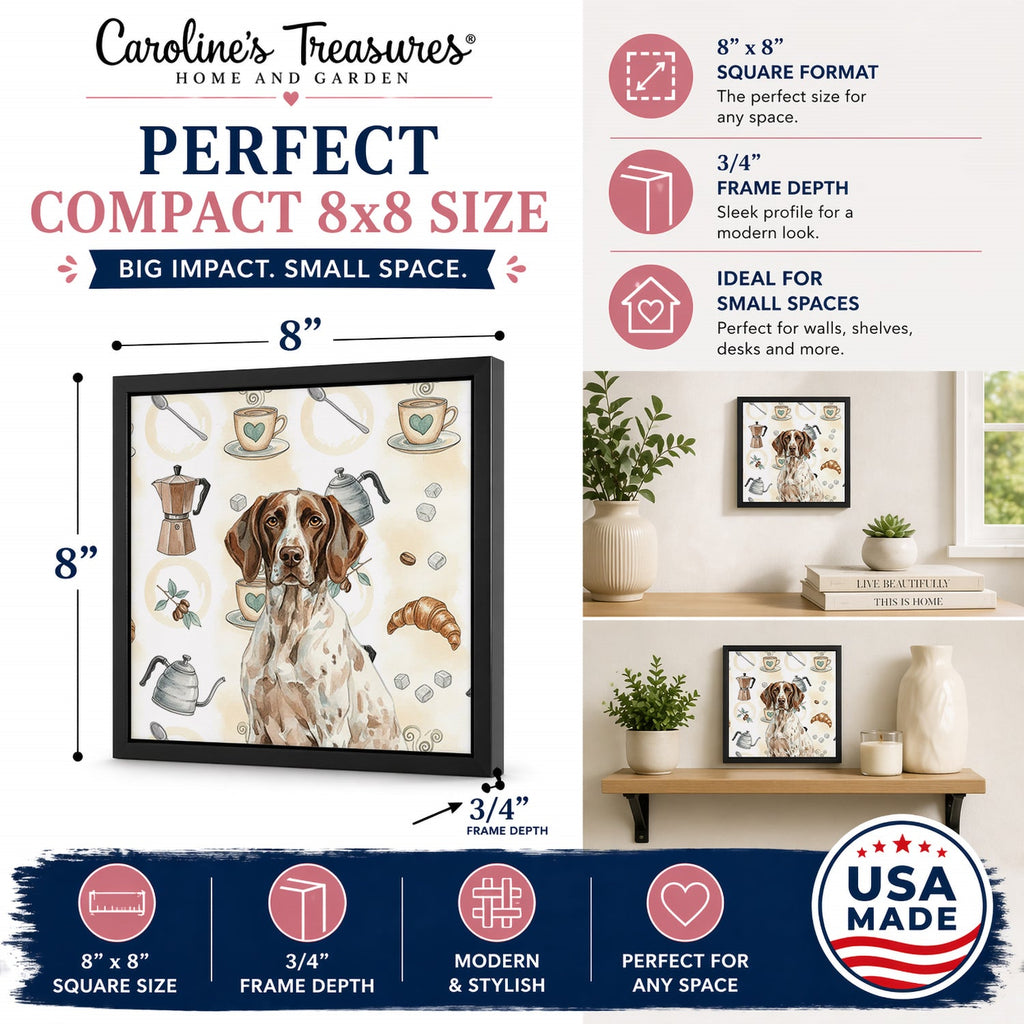 German Shorthaired Pointer Coffee Bar Framed Metal Print Bathroom, Kitchen, Office, Home Decor Wall Art Ready to Hang, Square, 8X8