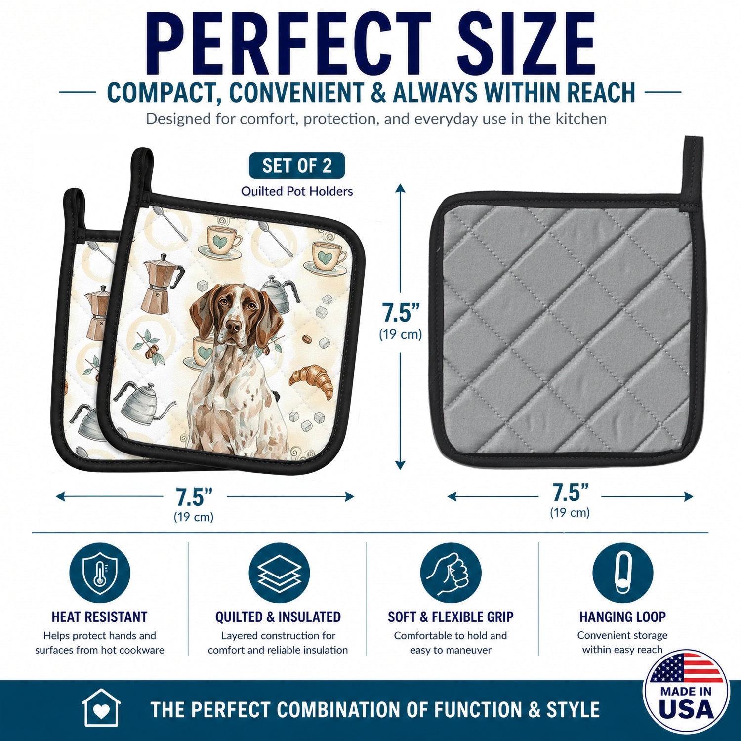 German Shorthaired Pointer Coffee Bar Pot Holder Set of 2 Heat Resistant Quilted Hot Pads 7.5 x 7.5 Inch, Insulated Kitchen Trivets for Cooking & Baking