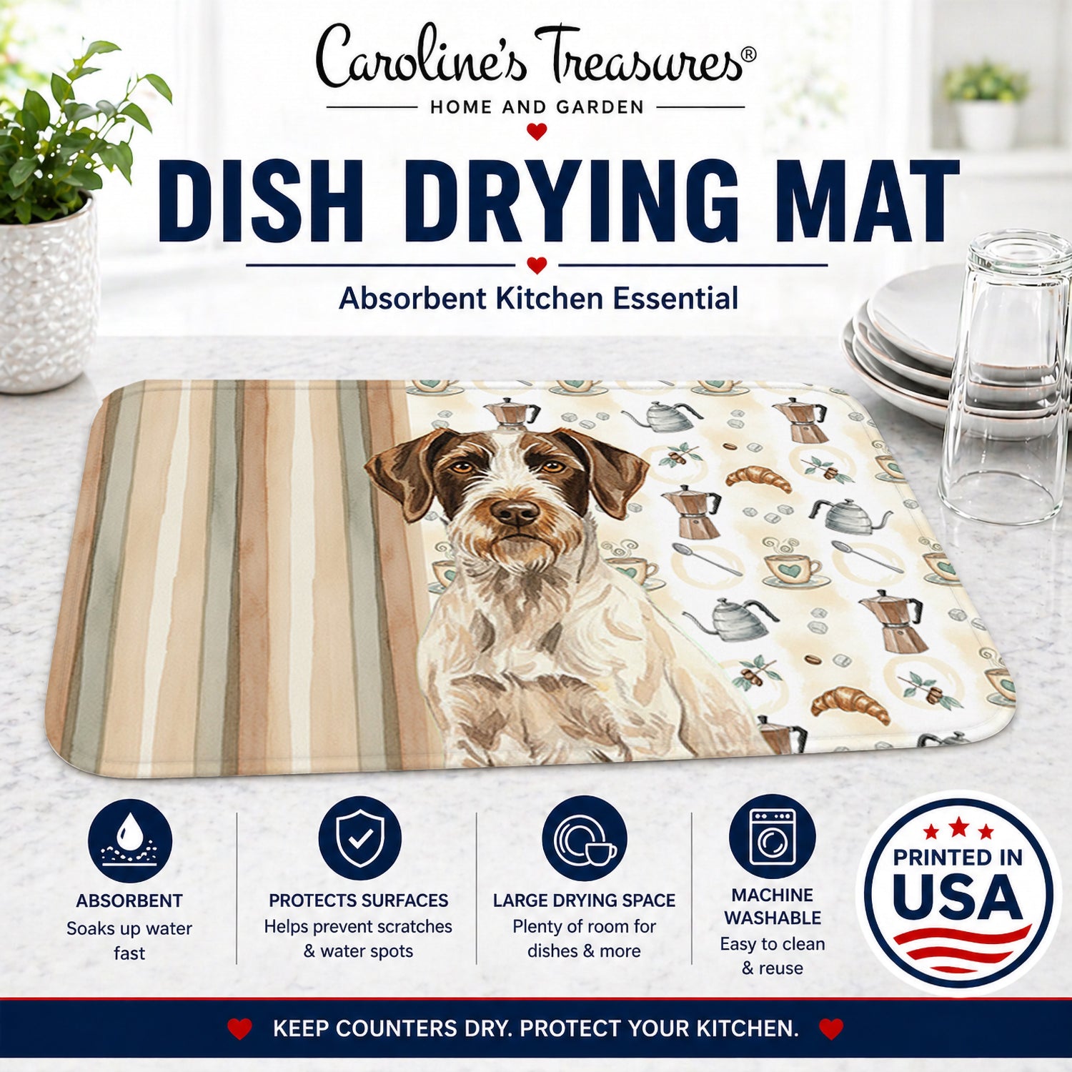 Liver and White German Wirehaired Pointer Coffee Bar Dish Drying Mat Absorbent Dish Drying Mat Pad for Kitchen Counter Dish Drainer Mat for Countertop, 14 x 21", Multicolor