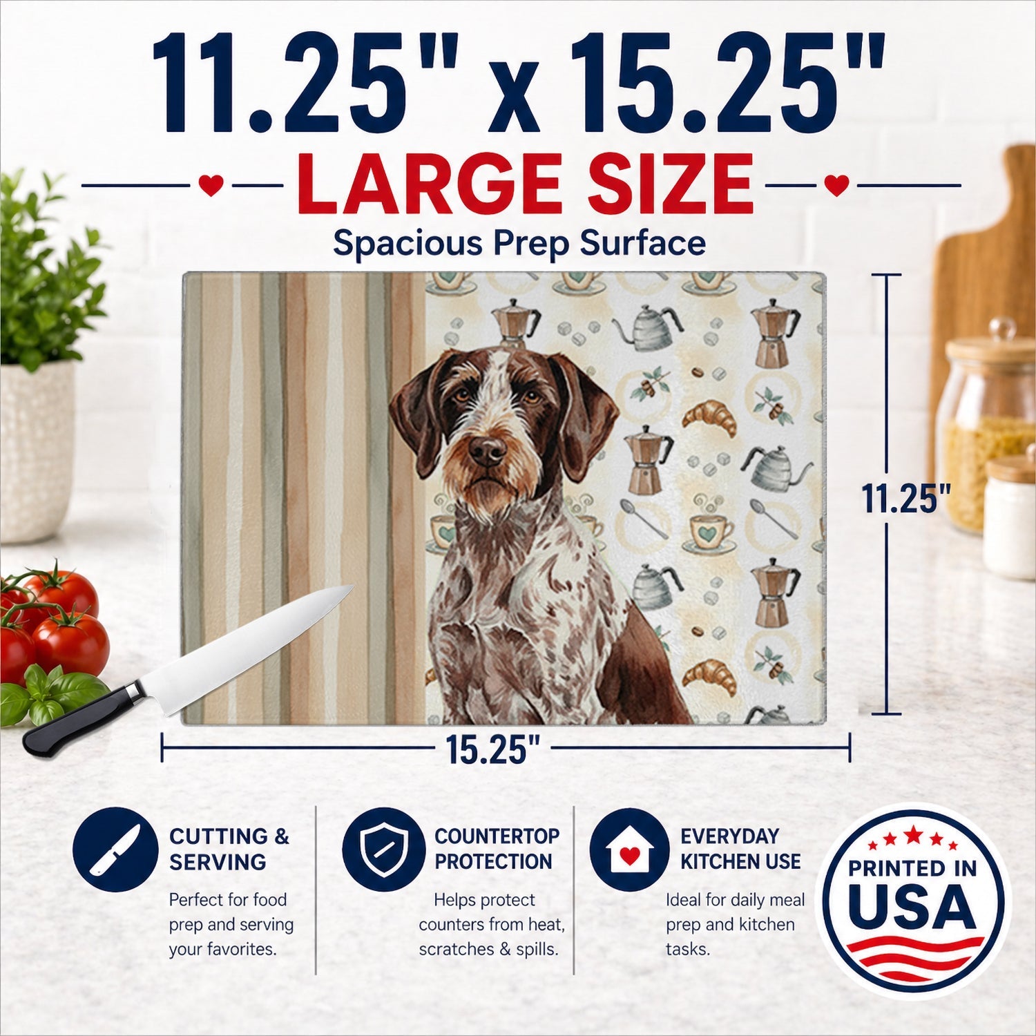 Roan German Wirehaired Pointer Coffee Bar Cutting Board Tempered Glass Kitchen Cutting Surface, Heat Resistant Chopping, Non-Slip Feet, Food Prep & Serving