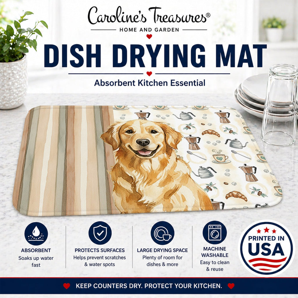 Golden Retriever Coffee Bar Dish Drying Mat Absorbent Dish Drying Mat Pad for Kitchen Counter Dish Drainer Mat for Countertop, 14 x 21", Multicolor