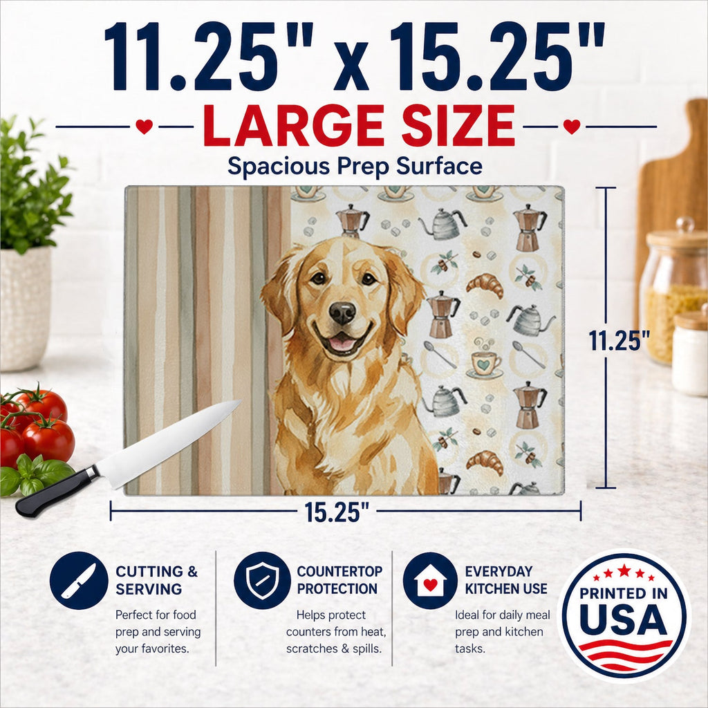 Golden Retriever Coffee Bar Cutting Board Tempered Glass Kitchen Cutting Surface, Heat Resistant Chopping, Non-Slip Feet, Food Prep & Serving