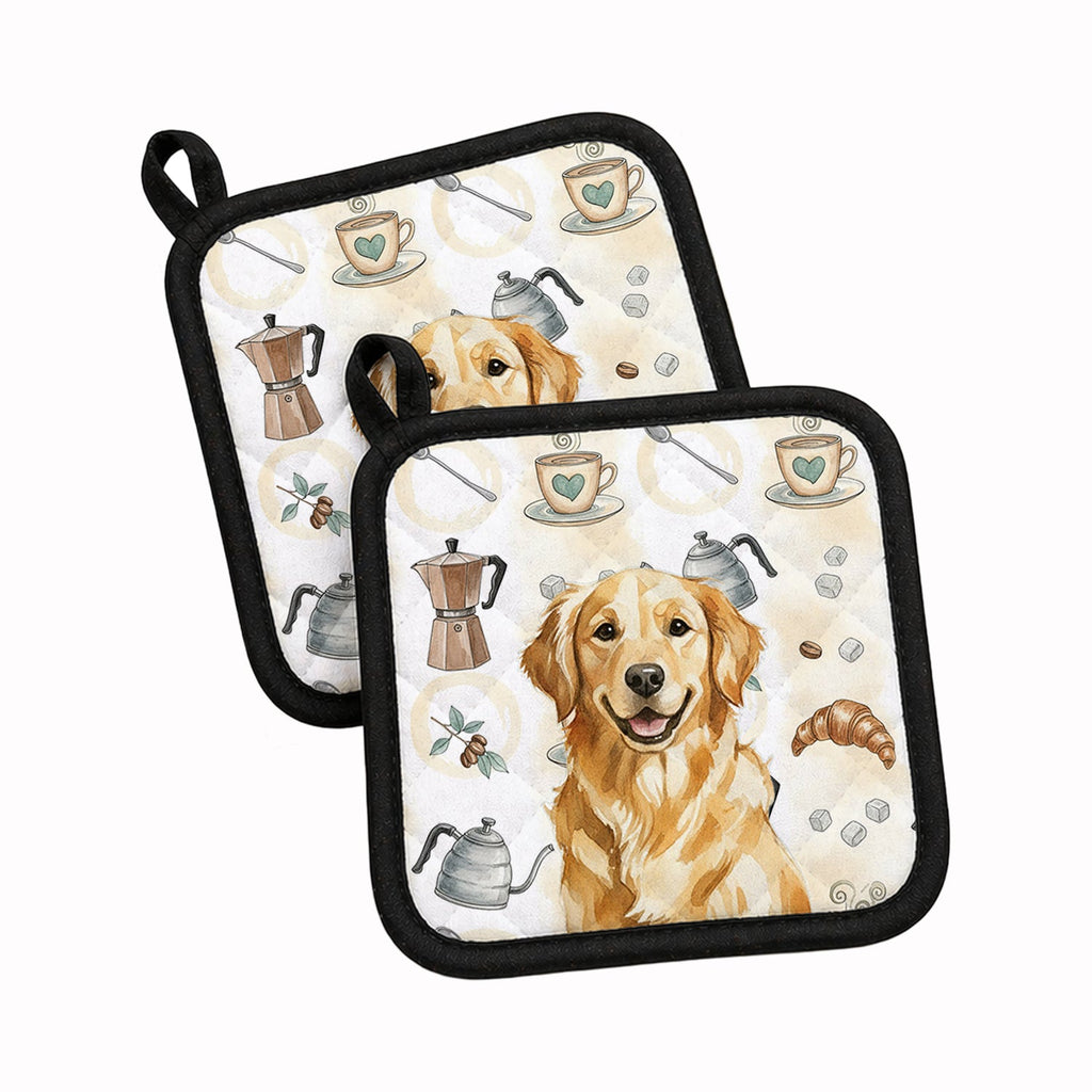 Golden Retriever Coffee Bar Pot Holder Set of 2 Heat Resistant Quilted Hot Pads 7.5 x 7.5 Inch, Insulated Kitchen Trivets for Cooking & Baking
