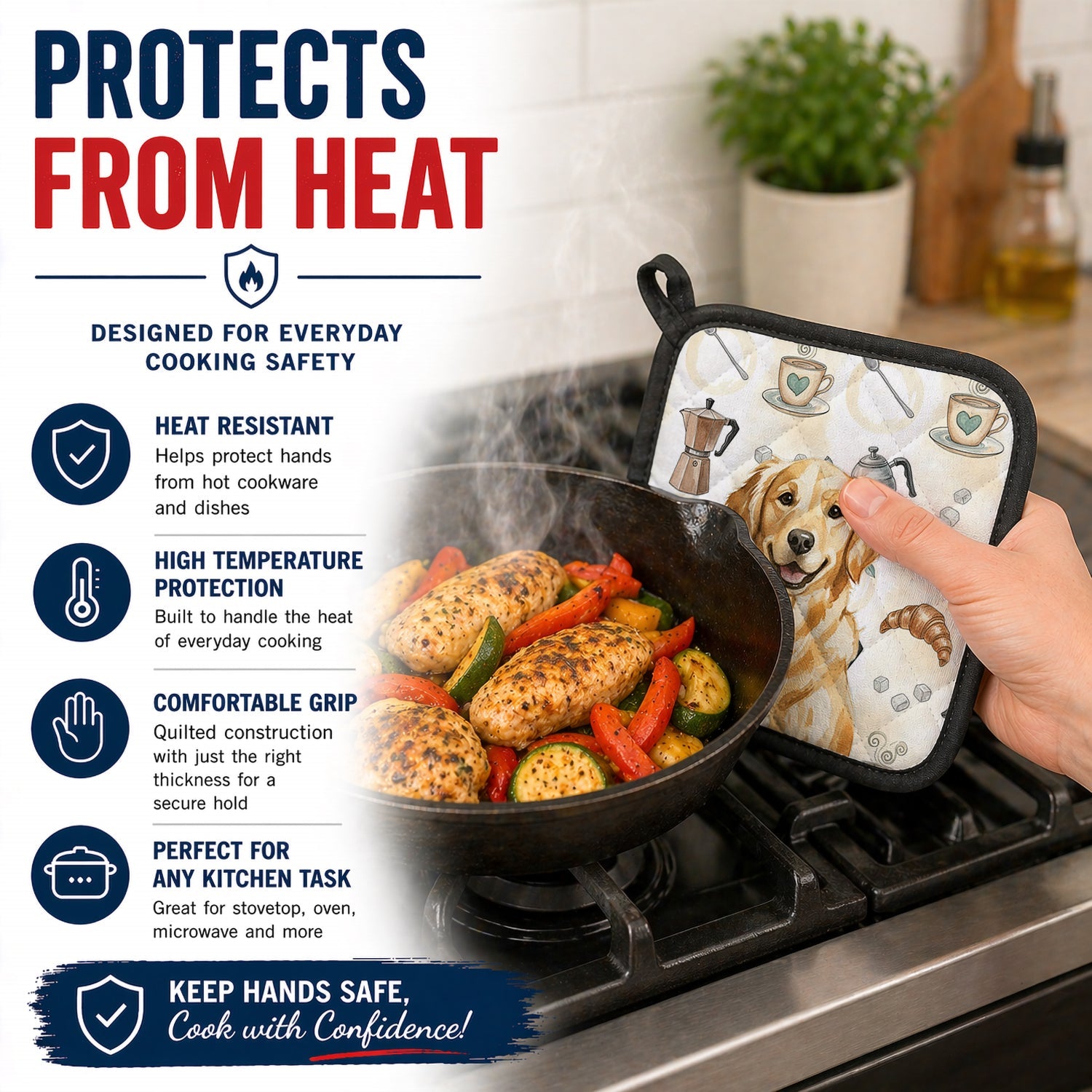 Golden Retriever Coffee Bar Pot Holder Set of 2 Heat Resistant Quilted Hot Pads 7.5 x 7.5 Inch, Insulated Kitchen Trivets for Cooking & Baking