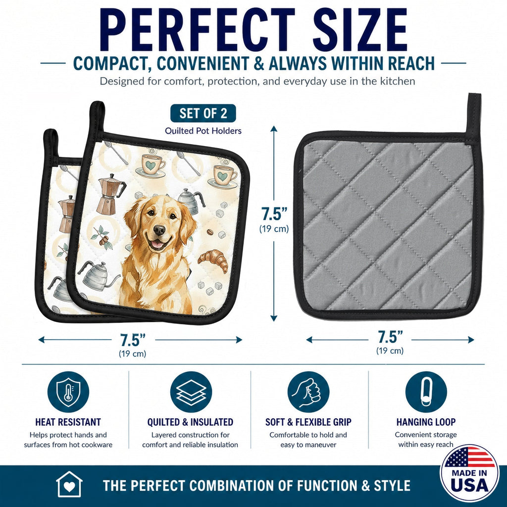 Golden Retriever Coffee Bar Pot Holder Set of 2 Heat Resistant Quilted Hot Pads 7.5 x 7.5 Inch, Insulated Kitchen Trivets for Cooking & Baking