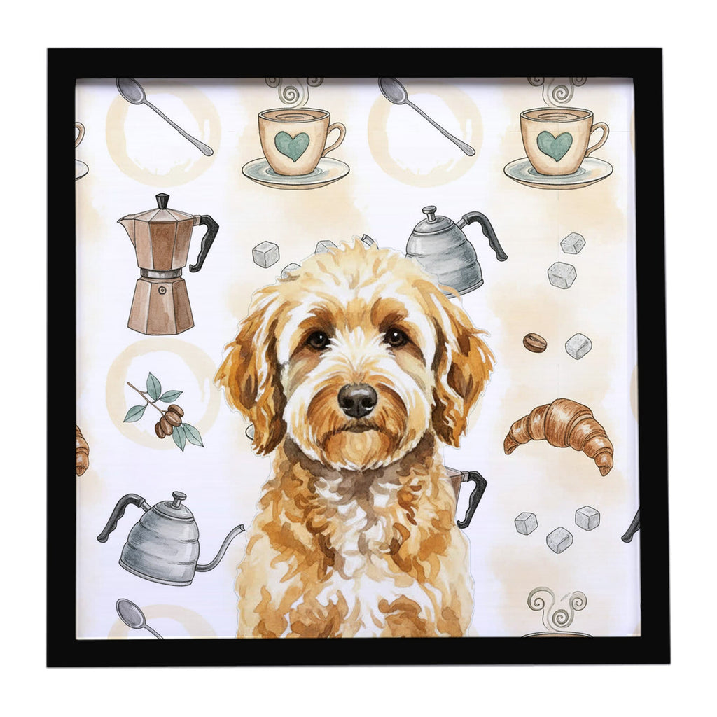 Goldendoodle Coffee Bar Framed Metal Print Bathroom, Kitchen, Office, Home Decor Wall Art Ready to Hang, Square, 8X8
