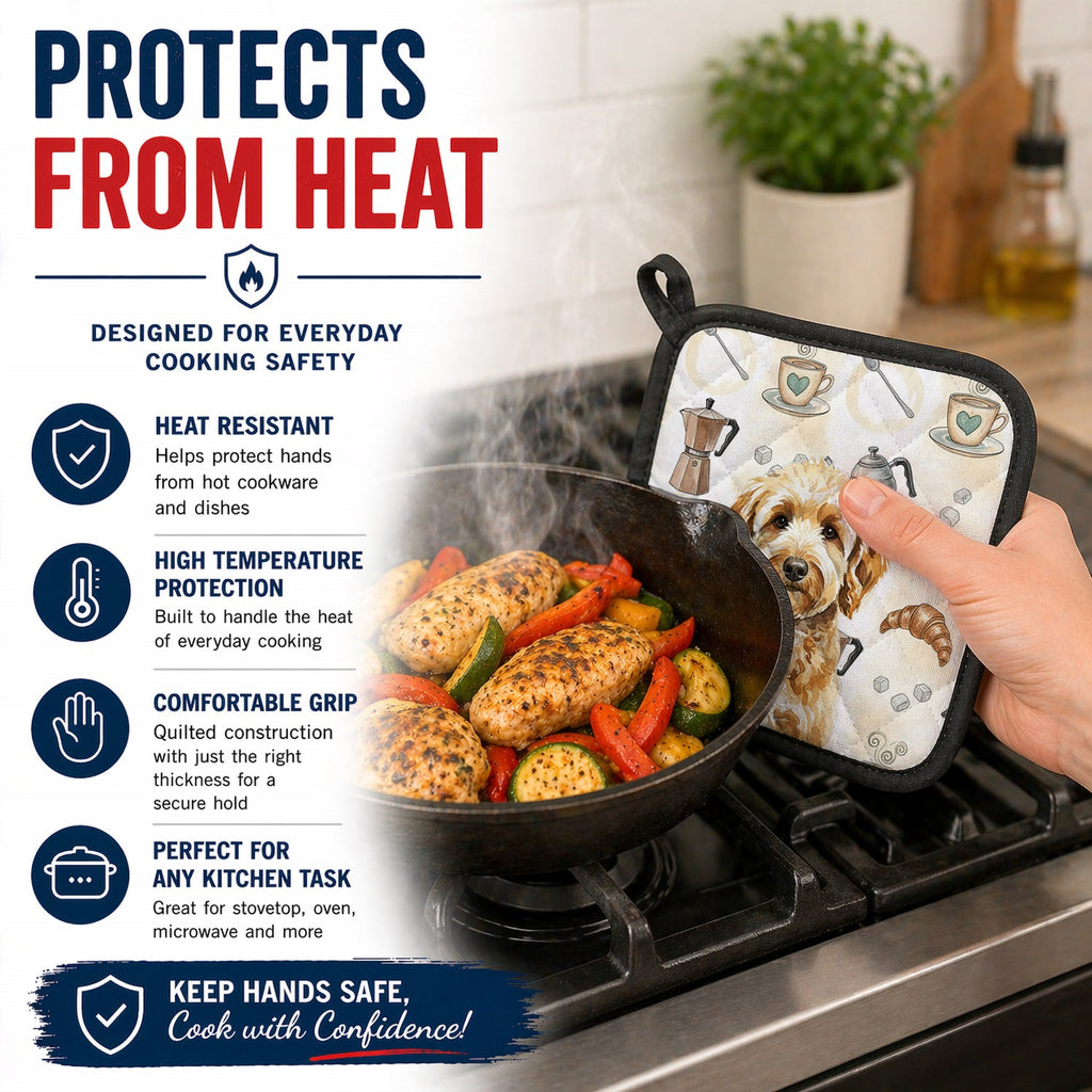 Goldendoodle Coffee Bar Pot Holder Set of 2 Heat Resistant Quilted Hot Pads 7.5 x 7.5 Inch, Insulated Kitchen Trivets for Cooking & Baking