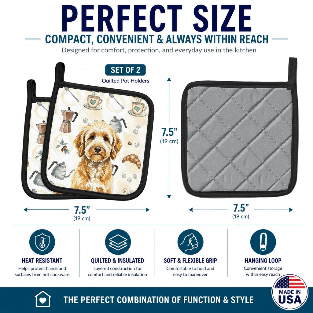 Goldendoodle Coffee Bar Pot Holder Set of 2 Heat Resistant Quilted Hot Pads 7.5 x 7.5 Inch, Insulated Kitchen Trivets for Cooking & Baking